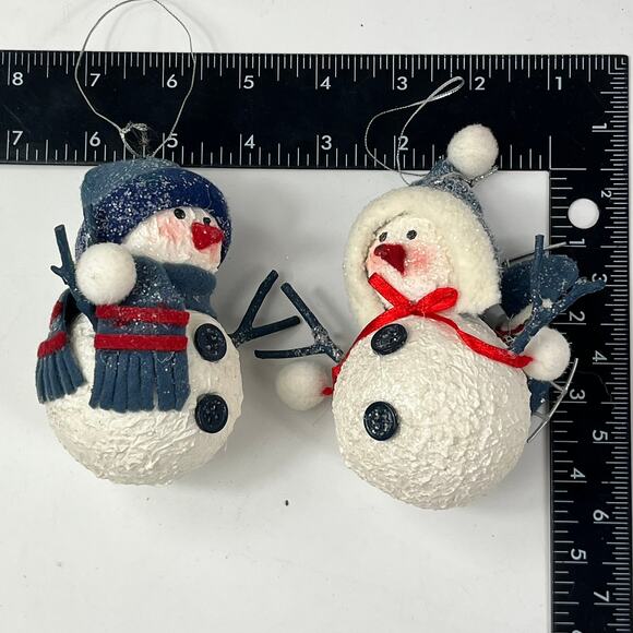 Rustic Christmas Snowman Ornaments Pair Blue White Tree Holiday Cabincore Skate - Picture 7 of 7